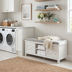 Entryway Storage Bench, 45 In, White with Cushion