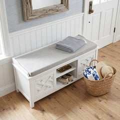 Entryway Storage Bench, 45 In, White with Cushion