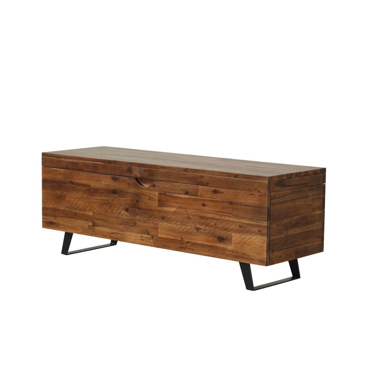 Entryway Storage Bench in Brown and Black Solid Wood with Metal Legs