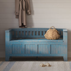 Entryway Storage Bench in Solid Wood with Lift Top, Distressed Coastal Blue