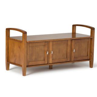 Entryway Storage Bench, Solid Pine Wood with Three Compartments in Light Golden Brown