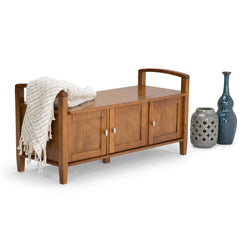 Entryway Storage Bench, Solid Pine Wood with Three Compartments in Light Golden Brown