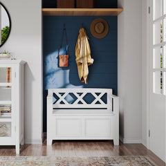 Entryway Storage Bench, Solid Wood with Flip-Top Storage, White