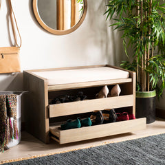 Entryway Storage Bench with Two Sliding Shelves and Linen Seat