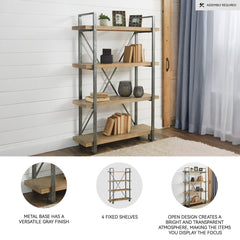 Etagere Bookshelf, 4-Tier with Metal X-Back Frame and Wood Shelves