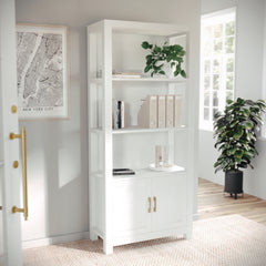 Etagere with 4 Shelf Tiers and 2 Doors in White and Polished Brass