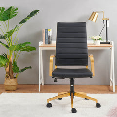 Executive Chair in Black Faux Leather with Gold Aluminum Frame