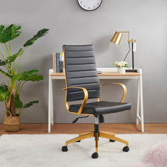 Executive Chair in Black Faux Leather with Gold Aluminum Frame