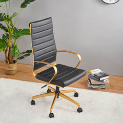 Executive Chair in Black Faux Leather with Gold Aluminum Frame