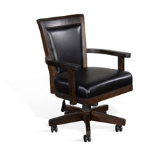 Executive Chair with Swivel and Tilt in Black Faux Leather and Brown Wood Frame