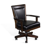 Executive Chair with Swivel and Tilt in Black Faux Leather and Brown Wood Frame