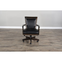 Executive Chair with Swivel and Tilt in Black Faux Leather and Brown Wood Frame