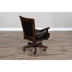 Executive Chair with Swivel and Tilt in Black Faux Leather and Brown Wood Frame