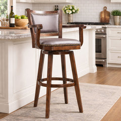 Extra Tall Swivel Bar Stool, Solid Rubberwood, Faux Leather Seat, Cappuccino