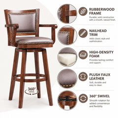 Extra Tall Swivel Bar Stool, Solid Rubberwood, Faux Leather Seat, Cappuccino