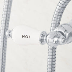 Telephone Style Wall Mounted Tub Faucet with Porcelain Lever Handles in Chrome | detail photo