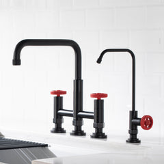 Urbix Industrial Bridge Kitchen Faucet and Water Filter Faucet Combo in Matte Black/Red | product photo