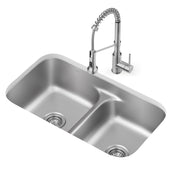 Premier 32-in L 18 Gauge Undermount 50/50 Double Bowl Stainless Steel Kitchen Sink and Commercial Style Pull Down Faucet in Spot-Free Stainless Steel in Satin