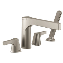Zura Double Handle Deck Mounted Roman Tub Faucet Trim with Diverter and Handshower in Stainless | product photo