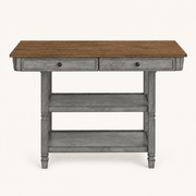 Front | antique-gray kitchen island centered on paper, oak-wood top, two drawers, two open shelves