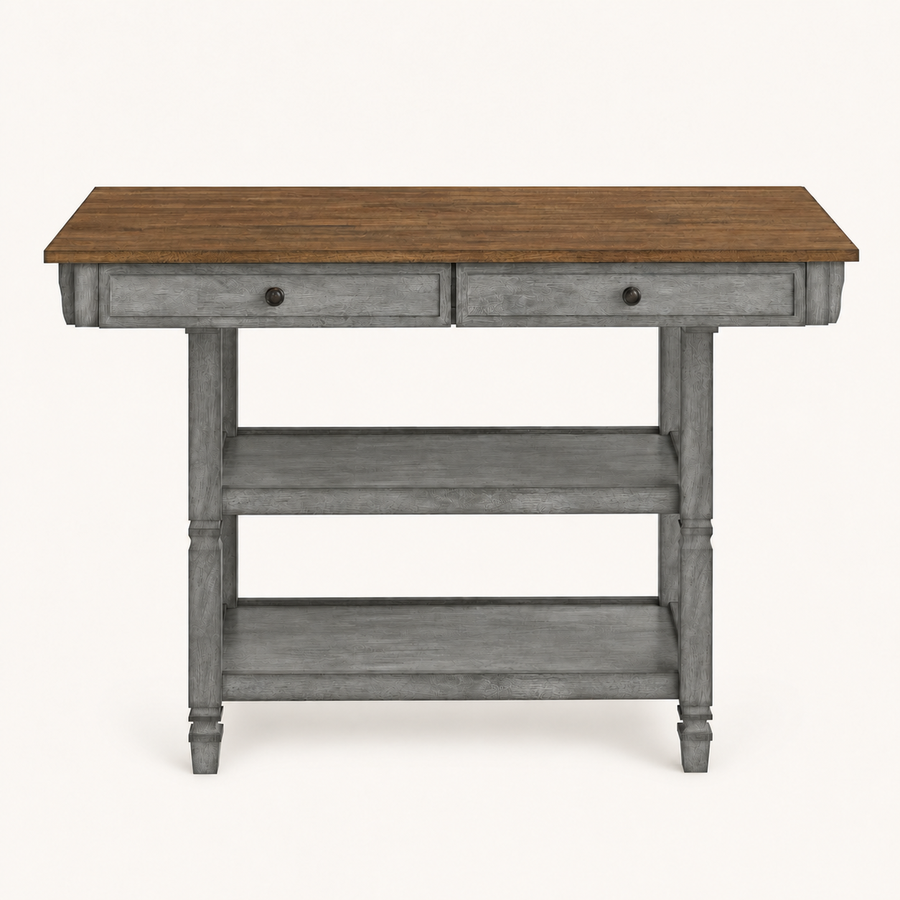 Front | antique-gray kitchen island centered on paper, oak-wood top, two drawers, two open shelves