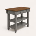 Studio | true three-quarter studio view, oak top overhang, two drawers and one open end panel reading together