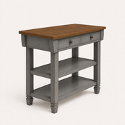 Studio | true three-quarter studio view, oak top overhang, two drawers and one open end panel reading together