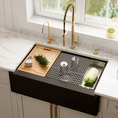 Farmhouse Apron Front Workstation Kitchen Sink, Single Bowl, Quartz, 34 Inch, Black