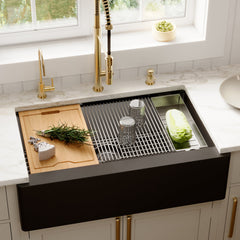 Farmhouse Apron Front Workstation Kitchen Sink, Single Bowl, Quartz, 34 Inch, Black