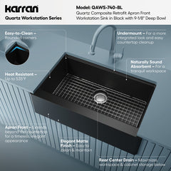 Farmhouse Apron Front Workstation Kitchen Sink, Single Bowl, Quartz, 34 Inch, Black