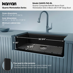 Farmhouse Apron Front Workstation Kitchen Sink, Single Bowl, Quartz, 34 Inch, Black