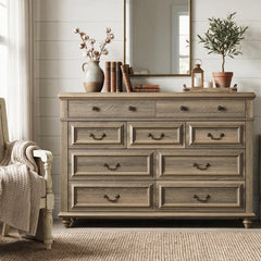 Farmhouse Dresser, 54 Inch Wide, Solid and Manufactured Wood with Wood Handles