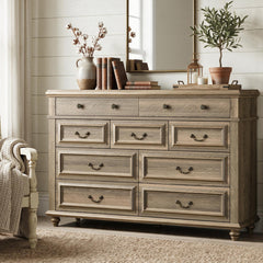 Farmhouse Dresser, 54 Inch Wide, Solid and Manufactured Wood with Wood Handles