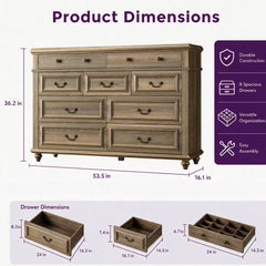 Farmhouse Dresser, 54 Inch Wide, Solid and Manufactured Wood with Wood Handles
