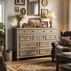 Farmhouse Dresser, 54 Inch Wide, Solid and Manufactured Wood with Wood Handles