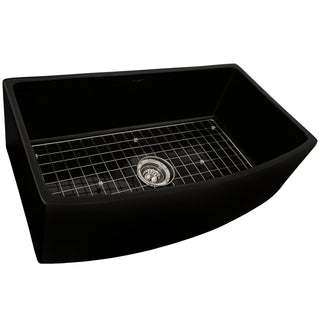 Farmhouse Kitchen Sink, Bow Front Apron, Single Bowl, Fireclay, 33 Inch, Matte Black