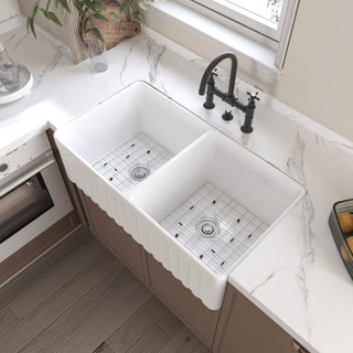 Farmhouse Kitchen Sink, 50/50 Double Bowl, Fireclay, White