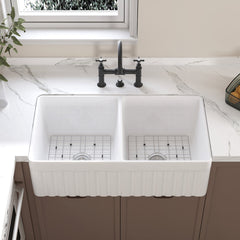 Farmhouse Kitchen Sink, 50/50 Double Bowl, Fireclay, White