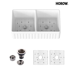 Farmhouse Kitchen Sink, 50/50 Double Bowl, Fireclay, White