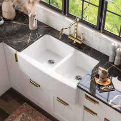Farmhouse Kitchen Sink, Eclipse, 33 in. Double Bowl, Ceramic, White