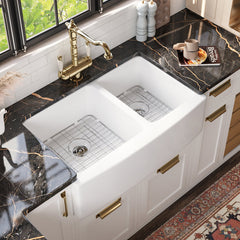 Farmhouse Kitchen Sink, Eclipse, 33 in. Double Bowl, Ceramic, White