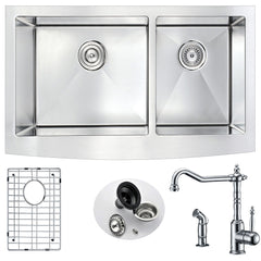 Farmhouse Kitchen Sink, Elysian, 36 in. 60/40 Double Bowl with Faucet