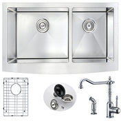 Farmhouse Kitchen Sink, Elysian, 36 in. 60/40 Double Bowl with Faucet