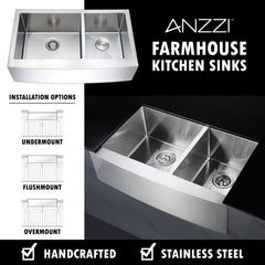 Farmhouse Kitchen Sink, Elysian, 36 in. 60/40 Double Bowl with Faucet