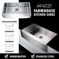 Farmhouse Kitchen Sink, Elysian, 36 in. Single Bowl in Brushed Satin