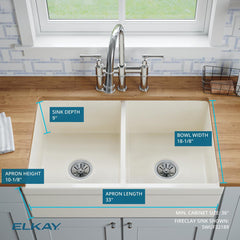Farmhouse Kitchen Sink, Fireclay, Double Basin, 33 Inch, White Gloss