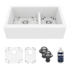 Farmhouse Kitchen Sink Kit, Double Bowl 60/40, Quartz, 34 Inch, White
