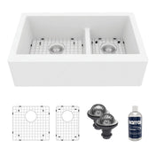 Apron Front Kitchen Sink Kit, 60/40 Double Bowl Quartz in White
