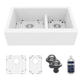 Apron Front Kitchen Sink Kit, 60/40 Double Bowl Quartz in White