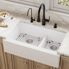 Farmhouse Kitchen Sink Kit, Double Bowl 60/40, Quartz, 34 Inch, White
